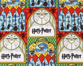 Harry Potter Cotton Fabric, Harry Potter Stained Glass Quidditch Cotton Fabric by the Yard