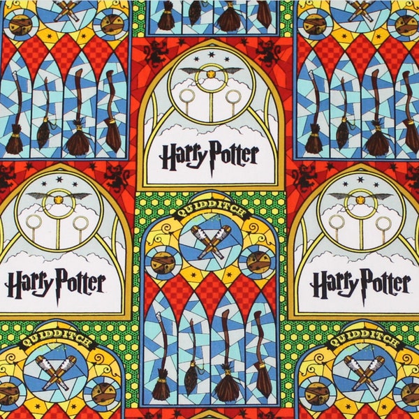 Harry Potter Cotton Fabric, Harry Potter Stained Glass Quidditch Cotton Fabric by the Yard