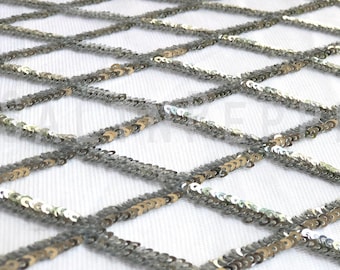 Silver Diamond Sequin Fabric, Rose Gold, Gold, Champagne, Silver Diamond Sequin on Mesh Fabric by the Yard