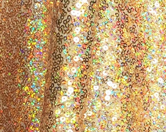 Tecido de lantejoulas iridescentes dourado, lantejoulas brilhantes para vestido, lantejoulas completas em tecido de malha, tecido de lantejoulas arco-íris dourado por quintal
