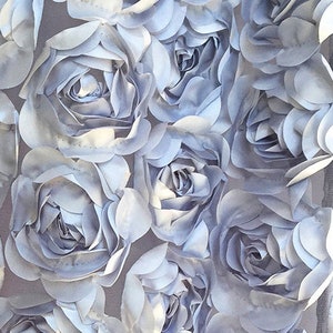Silver Satin 3D Floral Fabric, Peony Bouquet Fabric on Tulle, 3D Rosette Fabric, Silver Charmeuse Rose Fabric, Wedding Decor, Photo Prop