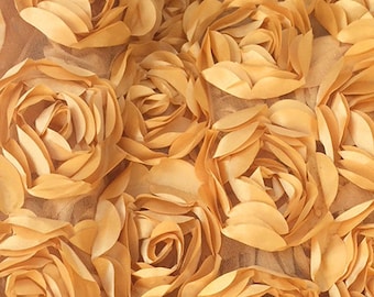 Gold 3D Floral Fabric, Rosette Satin on Tulle