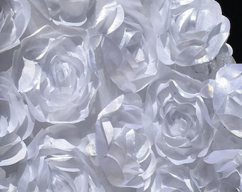 White 3D Floral Fabric, Peony Bouquet Fabric on Tulle, 3D Rosette Satin Fabric, White Charmeuse Fabric, Dress, Wedding Decor, Photo Prop