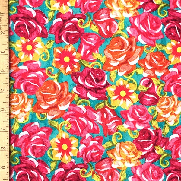 Festive Sugar Skull Rose Fabric, Sugar Skull Roses on Turquoise Cotton Fabric, The Day of the Dead Fabric