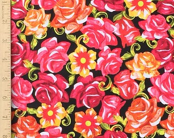 Festive Sugar Skull Rose Fabric, Sugar Skull Roses on Black Cotton Fabric, The Day of the Dead Fabric