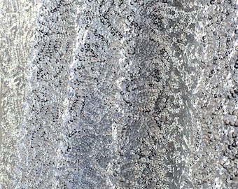 Silver Seaweed Sequins Fabric, Shiny Silver Sequins, Silver Sequin on Mesh Fabric, Silver Sequins Fabric by the Yard