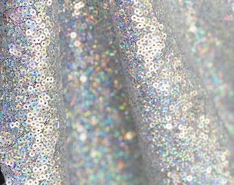 Silver Iridescent Sequins Fabric, Glitz Sequins Fabric for Dress, Full Sequin on Mesh Fabric, Silver Iridescent Sequins Fabric by the Yar