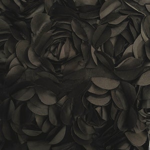 Black 3D Floral Fabric, Peony Bouquet Fabric on Tulle, 3D Rosette Satin Fabric, Black Charmeuse Fabric, Wedding Decor, Photo Prop