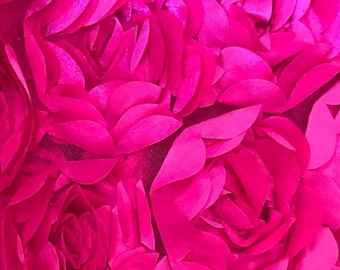 Fuchsia 3D Rosette Fabric: Hot Pink Peony Bouquet on Tulle