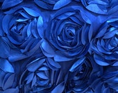 Royal Blue 3D Floral Fabric, Peony Bouquet Fabric on Tulle, 3D Rosette Satin Fabric, Cobalt Blue Charmeuse Fabric, Wedding Decor, Photo Prop