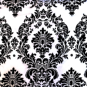 White Taffeta Black Flocking Damask fabric 60&quot; wide, Charmeuse Satin Damask Black/White Fabric, Party Table Decoration, Dress, by the yard