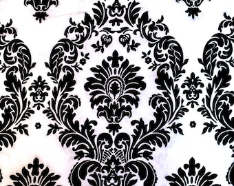 Tessuto damascato floccato nero: taffetà bianco, larghezza 60", poliestere