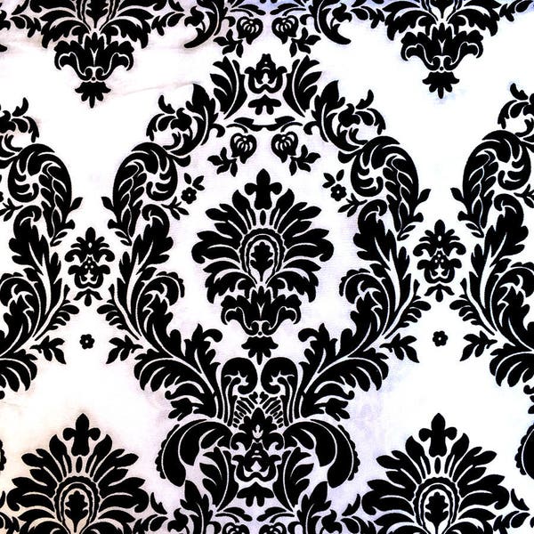 White Taffeta Black Flocking Damask fabric 60" wide, Charmeuse Satin Damask Black/White Fabric, Party Table Decoration, Dress, by the yard