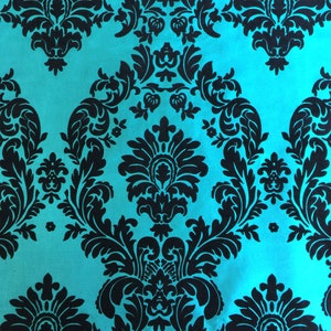 Turquoise Taffeta Black Flocking Damask fabric 60&quot; wide, Aqua Satin Damask Black/Turquoise Fabric, Party Table Decoration, Dress by the yard