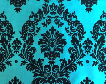 Tessuto in taffetà turchese: damasco floccato nero, larghezza 60", sartoria