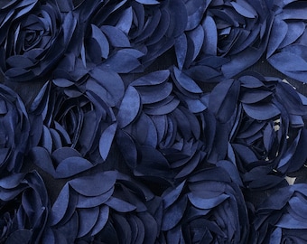 Navy Blue 3D Rosette Fabric: Peony Bouquet on Tulle, 56" Wide