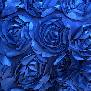Tessuto floreale 3D blu reale, tessuto bouquet di peonia su tulle, tessuto raso rosetta 3D, tessuto Charmeuse blu cobalto, decorazione nuziale, oggetto di scena fotografico