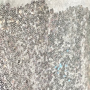Puede incluir: Primer plano de una tela transparente de color claro, muy adornada con lentejuelas plateadas. Las lentejuelas est&aacute;n densamente empaquetadas, creando una superficie brillante y texturizada. La tela parece ser parte de una prenda o art&iacute;culo decorativo.