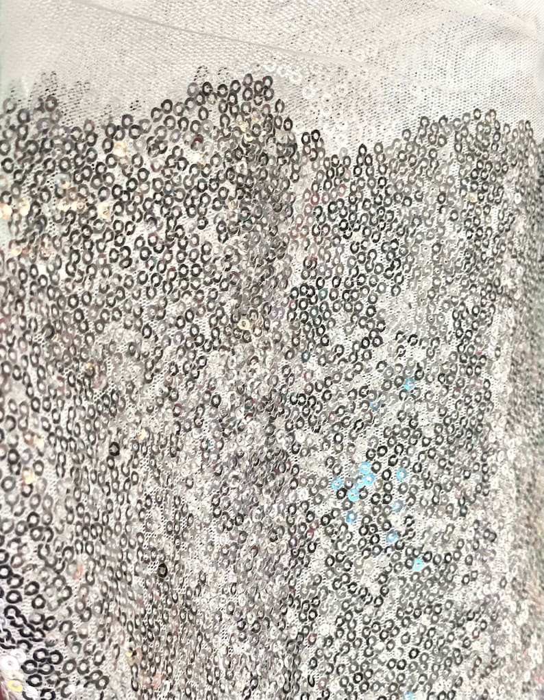 Puede incluir: Primer plano de una tela transparente de color claro, muy adornada con lentejuelas plateadas. Las lentejuelas est&aacute;n densamente empaquetadas, creando una superficie brillante y texturizada. La tela parece ser parte de una prenda o art&iacute;culo decorativo.