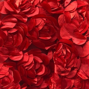 Red 3D Floral Fabric, Peony Bouquet Fabric on Tulle, 3D Rosette Satin Fabric, Red Charmeuse Fabric, Wedding Decor, Photo Prop