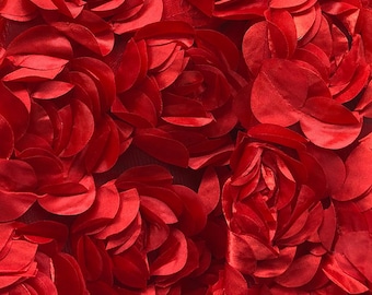 Red 3D Floral Fabric, Rosette Satin on Tulle