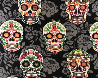 Sugar Skull Fabric, The Day of the Dead Fabric, Dia De Los Muertos Sugar Skulls Print Fabric, 100% Cotton Fabric