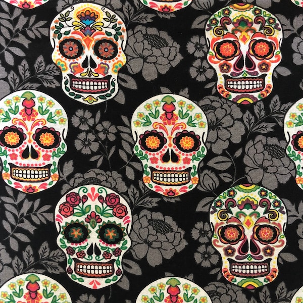 Sugar Skull Fabric, The Day of the Dead Fabric, Dia De Los Muertos Sugar Skulls Print Fabric, 100% Cotton Fabric