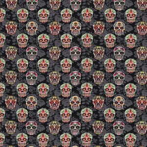 May include: A repeating pattern of colorful sugar skulls on a black background with a floral design. The skulls are decorated with red, orange, yellow, and green accents. The overall design is reminiscent of Day of the Dead celebrations.