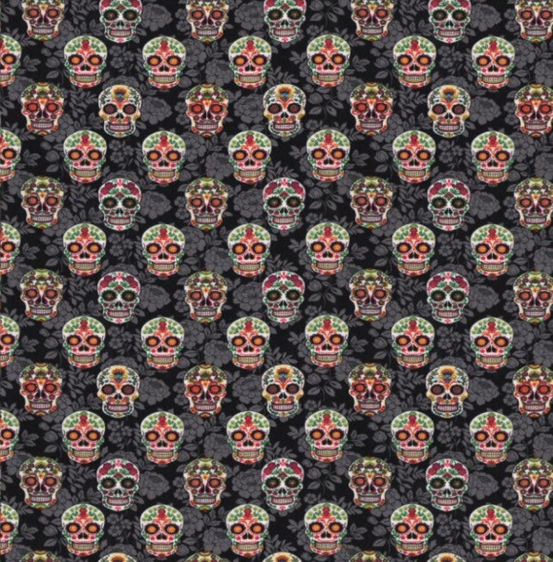 May include: A repeating pattern of colorful sugar skulls on a black background with a floral design. The skulls are decorated with red, orange, yellow, and green accents. The overall design is reminiscent of Day of the Dead celebrations.
