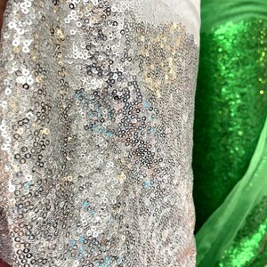 Puede incluir: Primer plano de un rollo de tela de lentejuelas plateadas junto a un rollo de tela de lentejuelas verdes. La tela plateada est&aacute; densamente cubierta de peque&ntilde;as lentejuelas redondas, que reflejan la luz. La tela verde tambi&eacute;n est&aacute; cubierta de lentejuelas.