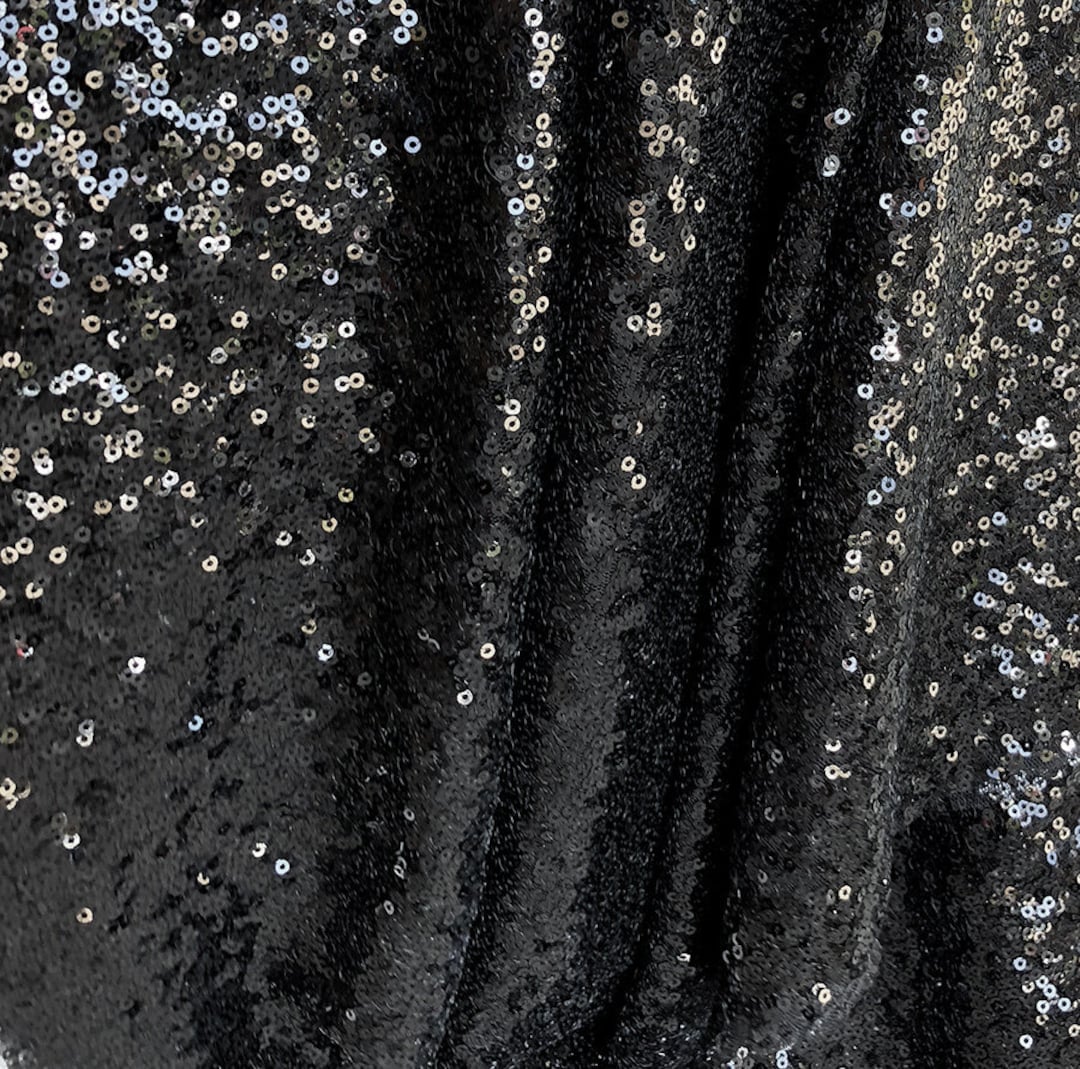 Black Fabric By The Yard - Scattered Sequins on Black Fabric - New