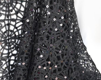 Lurex Lace Sequins Fabric, Black Lace, Chemical Lace Black Table Overlay, Table Runner Fabric by the yard, Wedding Day