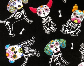 Sugar Skull Dog 100% Cotton Fabric by the Yard