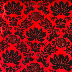 Red Taffeta Black Flocking Damask fabric 60&quot; wide, Charmeuse Satin Damask Black/Red Fabric, Party Table Decoration, Dress, by the yard