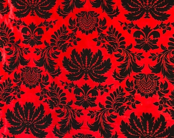 Tessuto damascato floccato nero in taffetà rosso: larghezza 60", decorazione per feste, abito