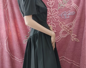 Designer Anne Fogarty, 1950s 'New Look' Black Taffeta Cocktail, Swing Dress, Size Small, Princess Bodice, Dropped Waist, Plunging Vee Back