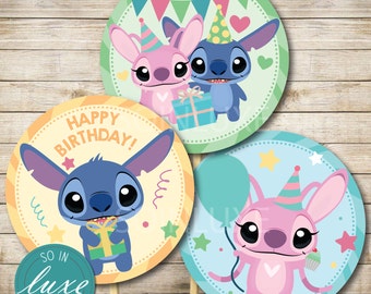 Stitch And Angel Birthday Party Cupcake Toppers, 3 diseños, lilo & stitch, temático, dibujos animados, azul, rosa, adorable, imprimible