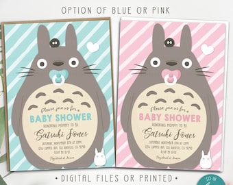 May include: Two baby shower invitations featuring a cartoon Totoro character. The invitation on the left has a blue and white striped background and the invitation on the right has a pink and white striped background. Both invitations have the text "Please join us for a Baby Shower" and "Honoring Mommy to be Satsuki Jones".