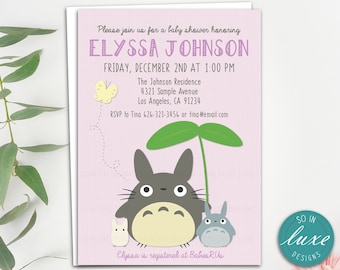 Totoro Baby Shower Invitation | pink, lavender, lilac, my neighbor totoro, white totoro, cute, anime, chibi, printed, printable RT005