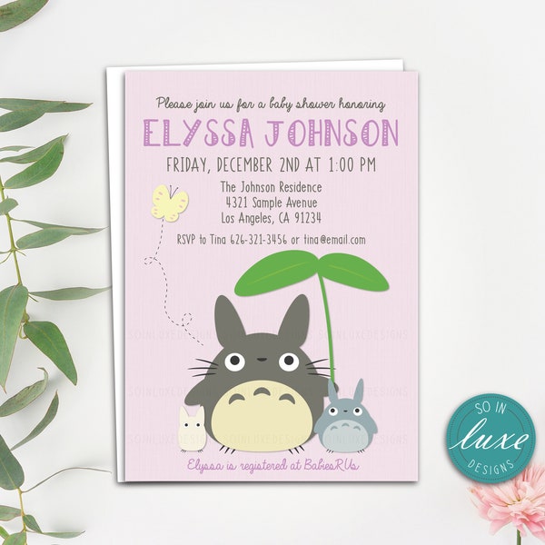 Totoro Baby Shower Invitation | pink, lavender, lilac, my neighbor totoro, white totoro, cute, anime, chibi, printed, printable RT005