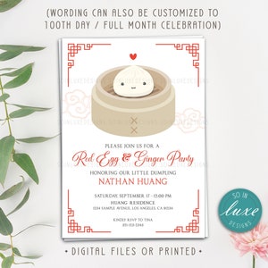 Dim Sum Red Egg and Ginger Party Invitation | dimsum, dumpling, bao, boy, 100th day, full month celebration, baby, printed, printable