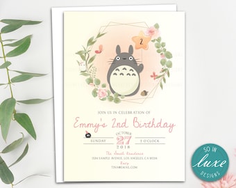 Totoro Birthday Invitation | party, wreath, spring, girl, kids, flowers, cute, elegant, floral, butterfly, 5x7, printed, printable RT049
