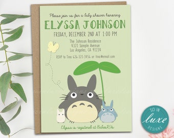 May include: A green and white baby shower invitation with a cartoon Totoro character. The invitation reads "Please join us for a baby shower honoring Elyssa Johnson, Friday, December 2nd at 1:00 PM. The Johnson Residence, 4321 Sample Avenue, Los Angeles, CA 91234. RSVP to Tina 626-321-3456 or tina@email.com. Elyssa is registered at Babies R Us."