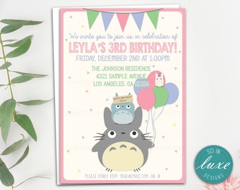 Totoro Birthday Party Invitation | Pink, Toddler, Kid, Theme, Kawaii, Girl, Cute Birthday, Anime, Cartoon, Chibi, printed, printable RT015