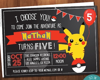 Pikachu Birthday Party Invitation | Pokemon, pika, kids, cute birthday, cartoon, nintendo, pokeball, chalkboard, printed, printable