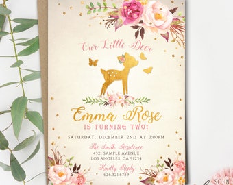 Floral Deer Birthday Party Invitation | baby girl, gold, whimsical, blush, fairy tale, flowers, butterfly, printed, printable, diy