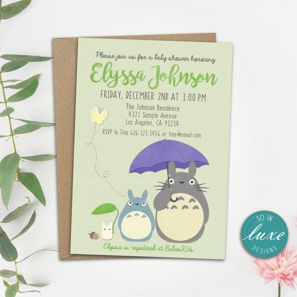 Totoro Baby Shower Invitation | 5x7, spring, sprinkle, rain, umbrella, green, cute, anime, kawaii, chibi, printed, printable RT014