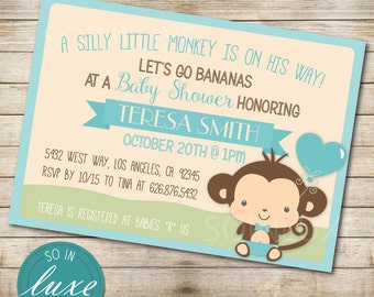 Baby Boy Monkey Baby Shower | blue, cute, mommy to be, baby sprinkle, gender reveal, jungle, animal, zoo, little, printed, printable