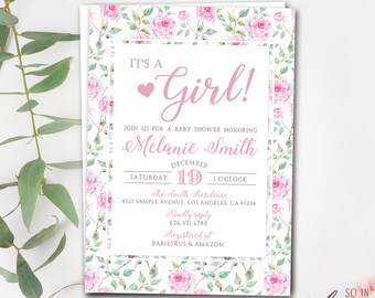 May include: A pink and white baby shower invitation with a floral design. The invitation says "It's a Girl!" and includes the name "Melanie Smith", the date "December 19", and the time "1 o'clock".