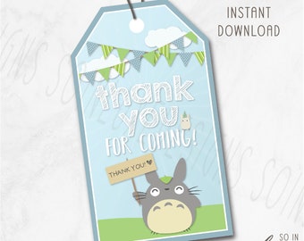 Totoro Danke Tags | Geschenk, Party Gunst Tags, niedlich, Chibi, thematisch, Cartoon, blau, grün, grau, bezaubernd, nur digital RT021